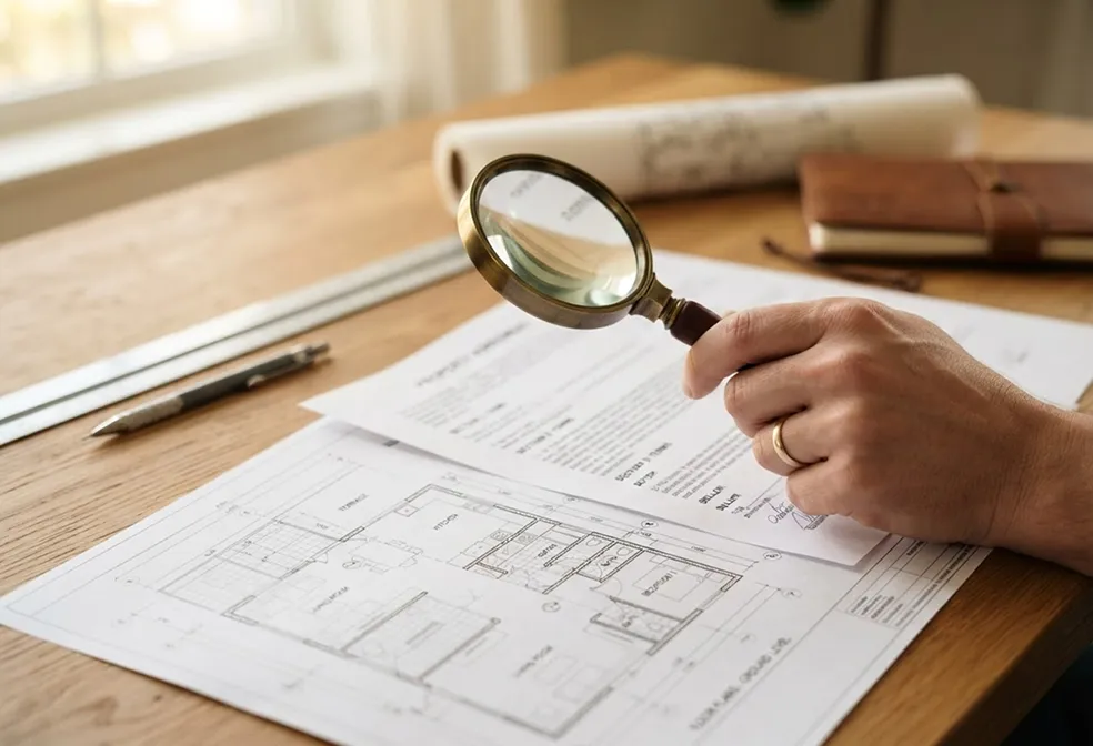 Revisión de la documentación de una vivienda con una lupa sobre los planos