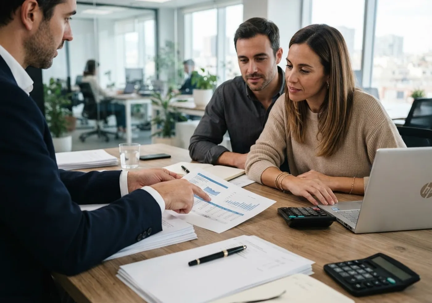 Asesor financiero revisando opciones de hipoteca con una pareja