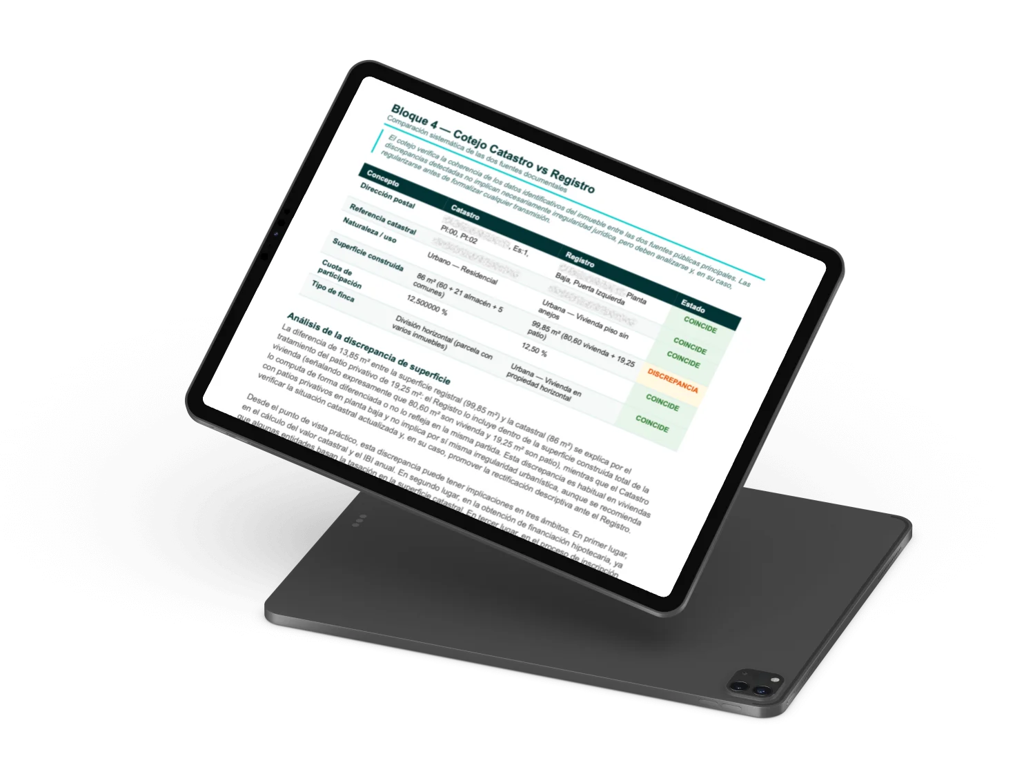 Bloque de cotejo Catastro vs Registro del informe en una tablet