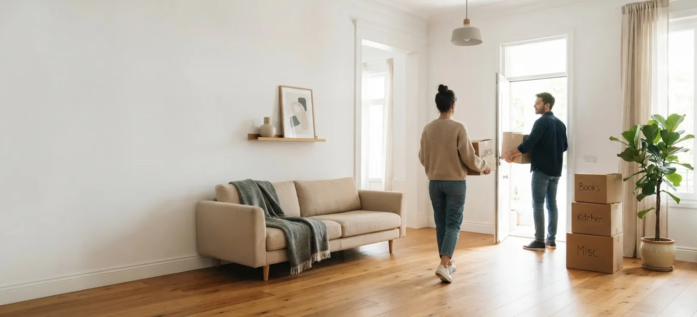 Pareja entrando con cajas en su nueva vivienda