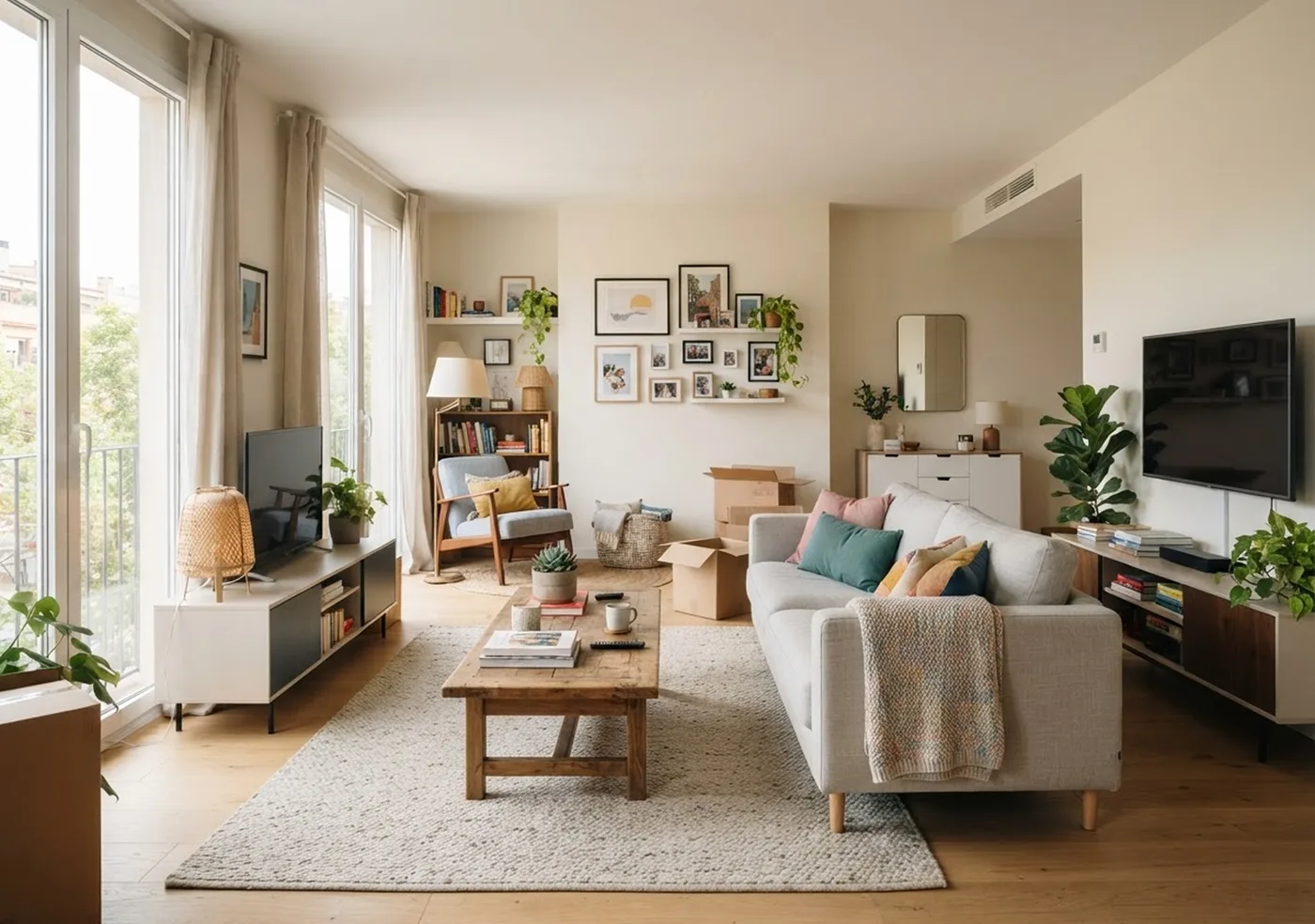 Salón de una vivienda con cajas de mudanza preparadas