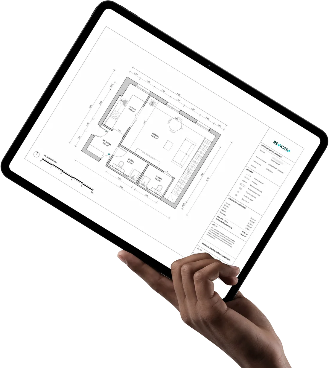 Plano de distribución de una vivienda mostrado en una tablet