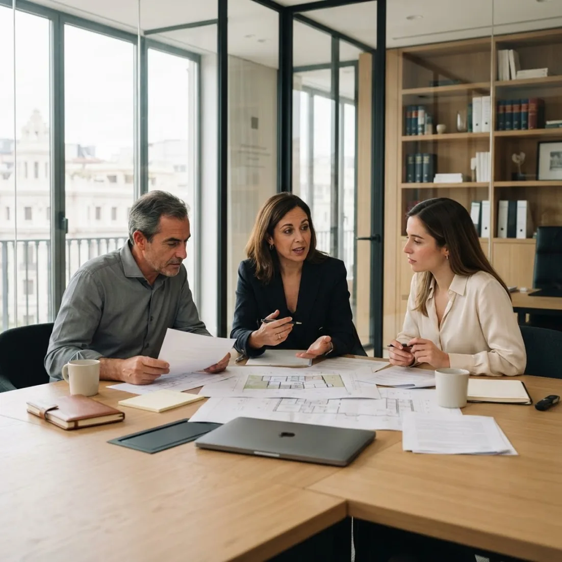 Equipo de abogados revisando la documentación de una compraventa