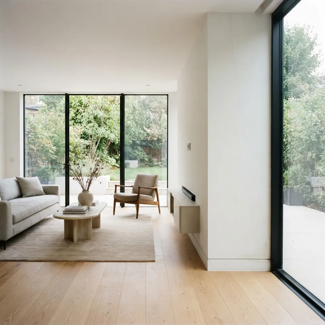 Salón luminoso de una vivienda con grandes ventanales