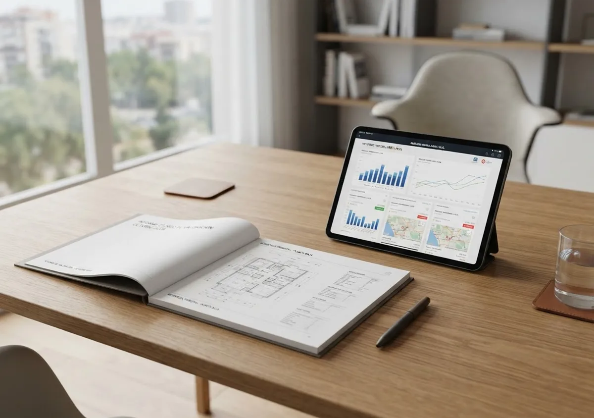 Informe de tasación y tablet con gráficos de valoración sobre una mesa